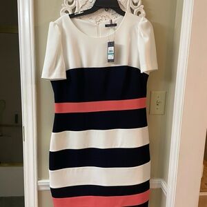 Tommy Hilfiger Navy, White & Coral Striped Midi Dress